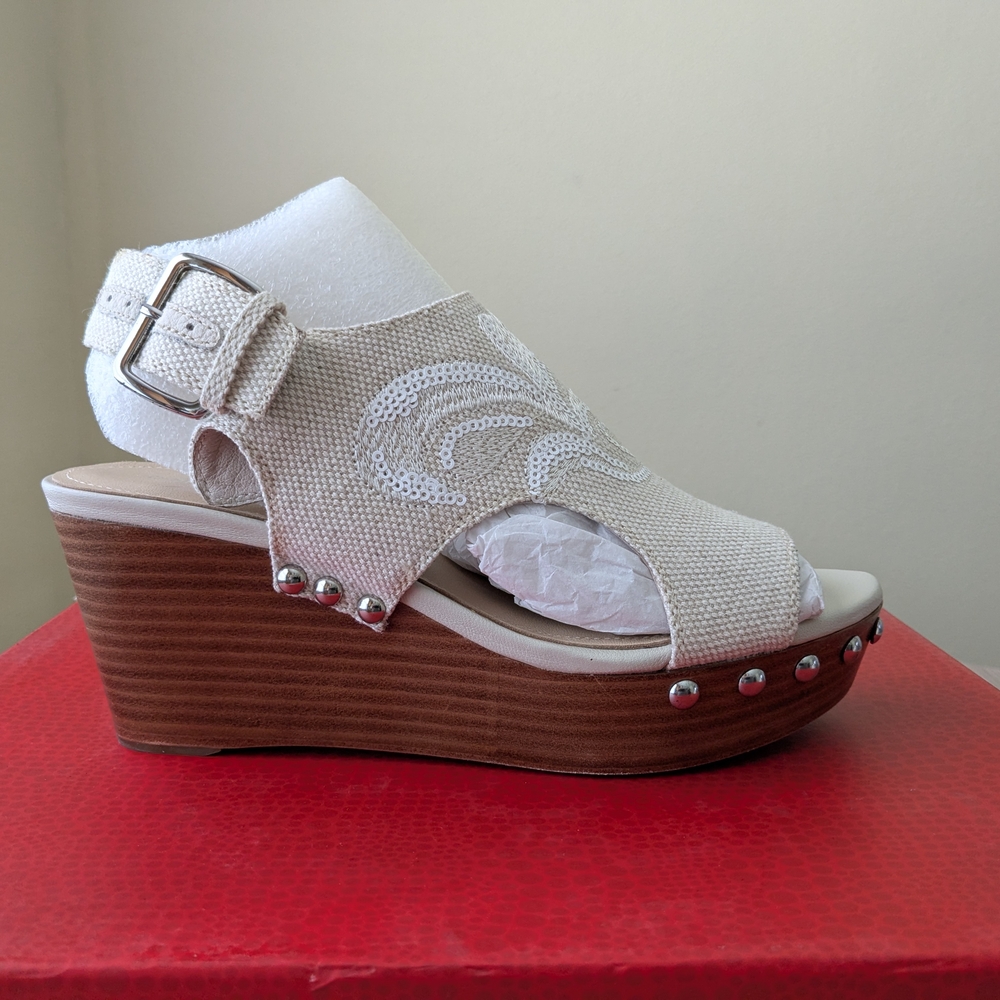 Donald J. Pliner Beige Sequin Embroidered Wedges - Picture 8 of 13